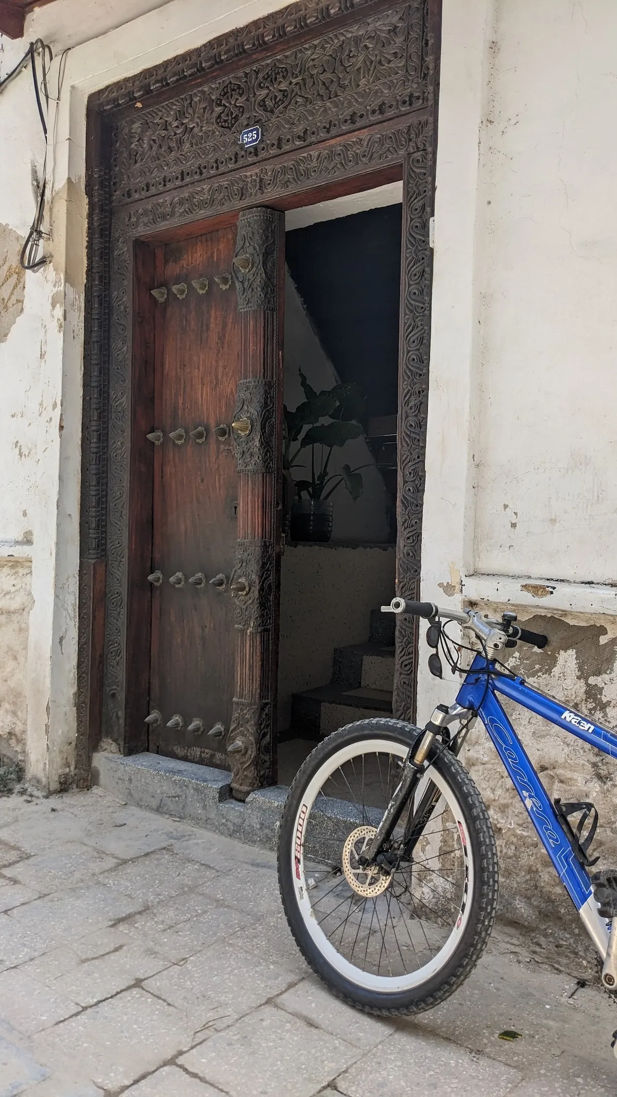 Blue bicycle parked outside a carved wooden Zanzibar door