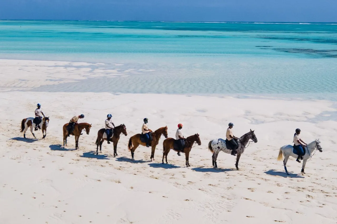 Line of eight riders on horseback crossing a white sandbank