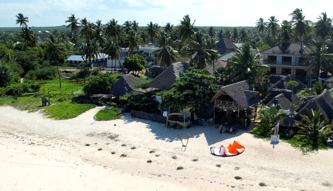 Drone view of a palm-fringed beach with thatched lodges and kites laid out on the sand