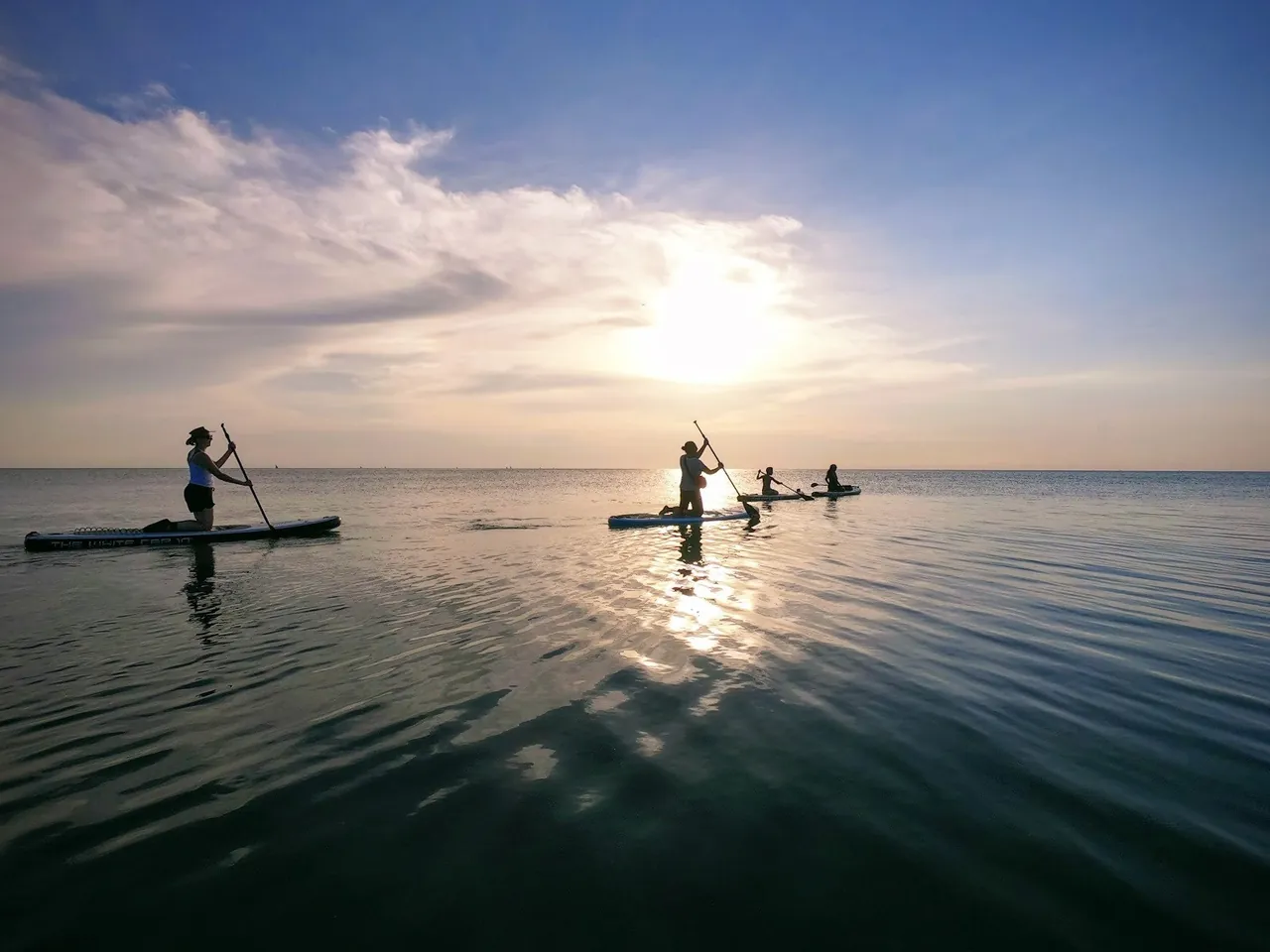 Several paddleboarders on glassy sea under a bright late sun