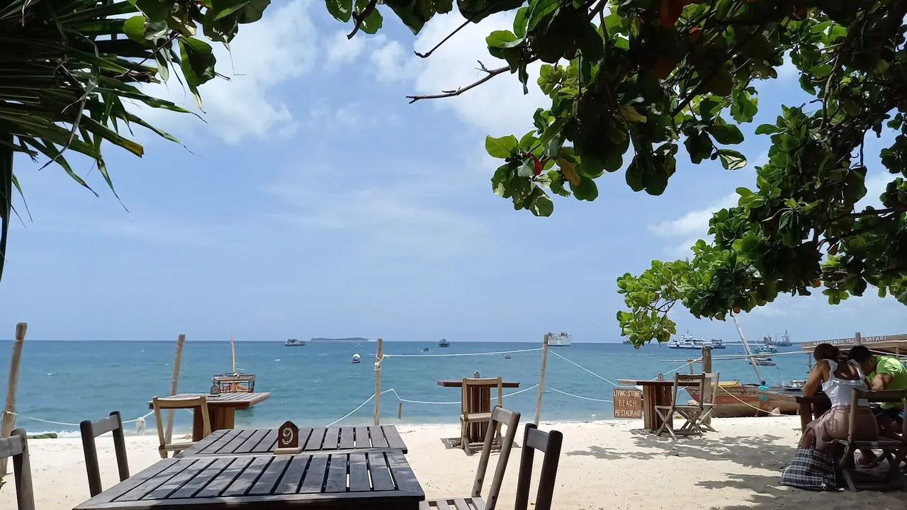 Wooden tables on the sand under trees, facing the sea at Shangani