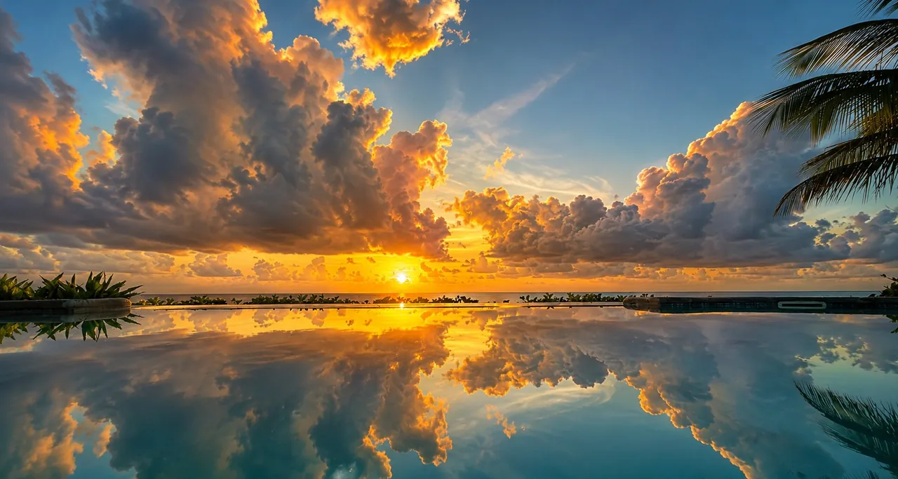 A golden sunrise reflected in a still pool edge, with dramatic clouds over the sea.