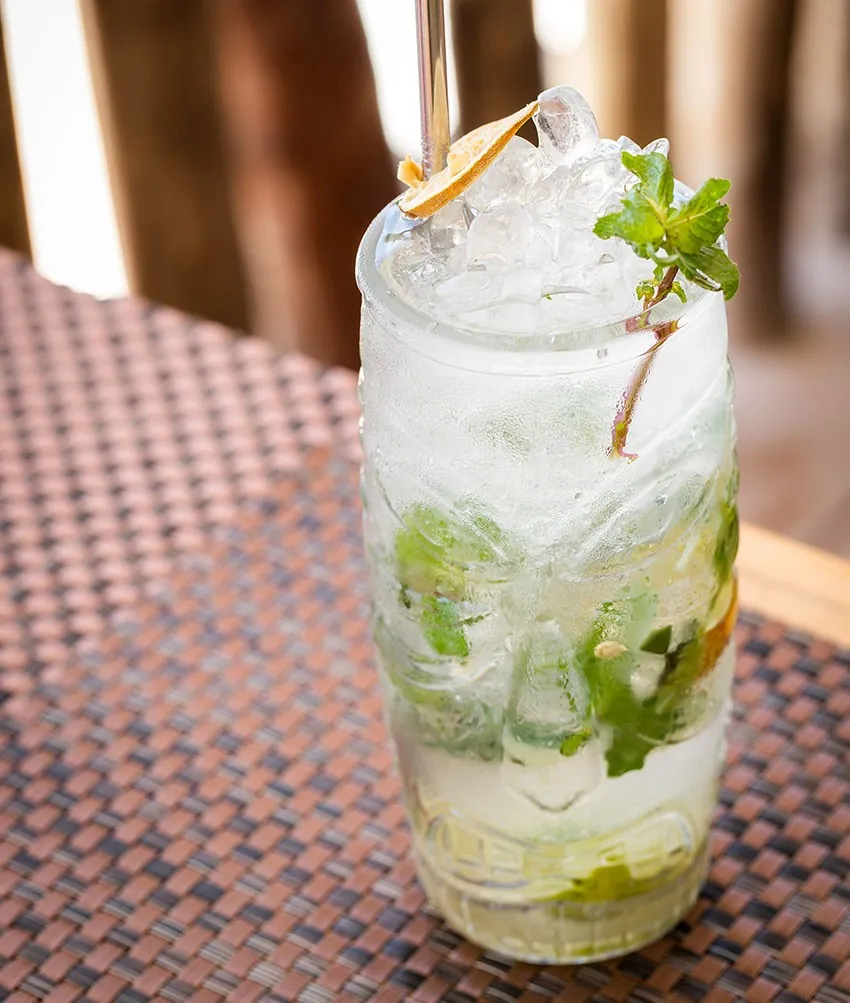 A tall mojito-style cocktail with mint and ice