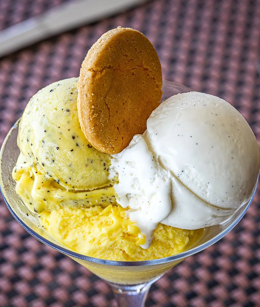 Scoops of gelato in a glass with a biscuit