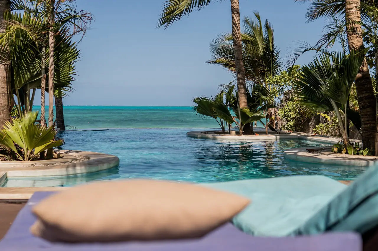 A pool among palms with the sea beyond and a cushion in the foreground