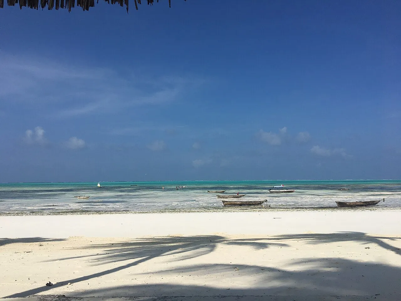 Palm shadows on a wide white-sand beach at Jambiani, with wooden boats resting on the shallow lagoon at low tide