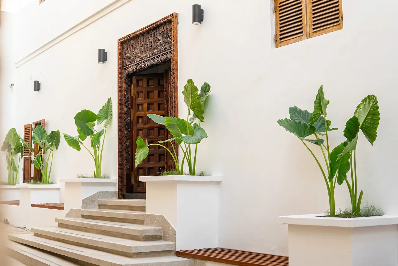 The white-washed entrance with a carved Zanzibari door, flanked by plants
