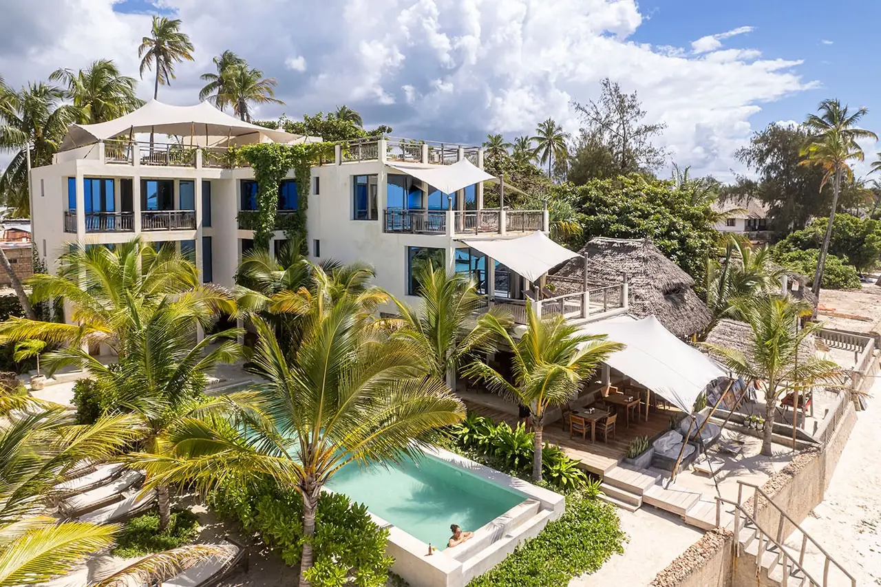 Aerial view of the hotel's pool and terraces among palm trees