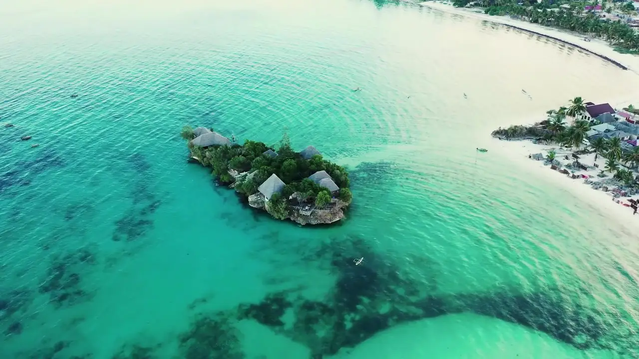 Aerial view of the islet in Pongwe Bay, close to the shore