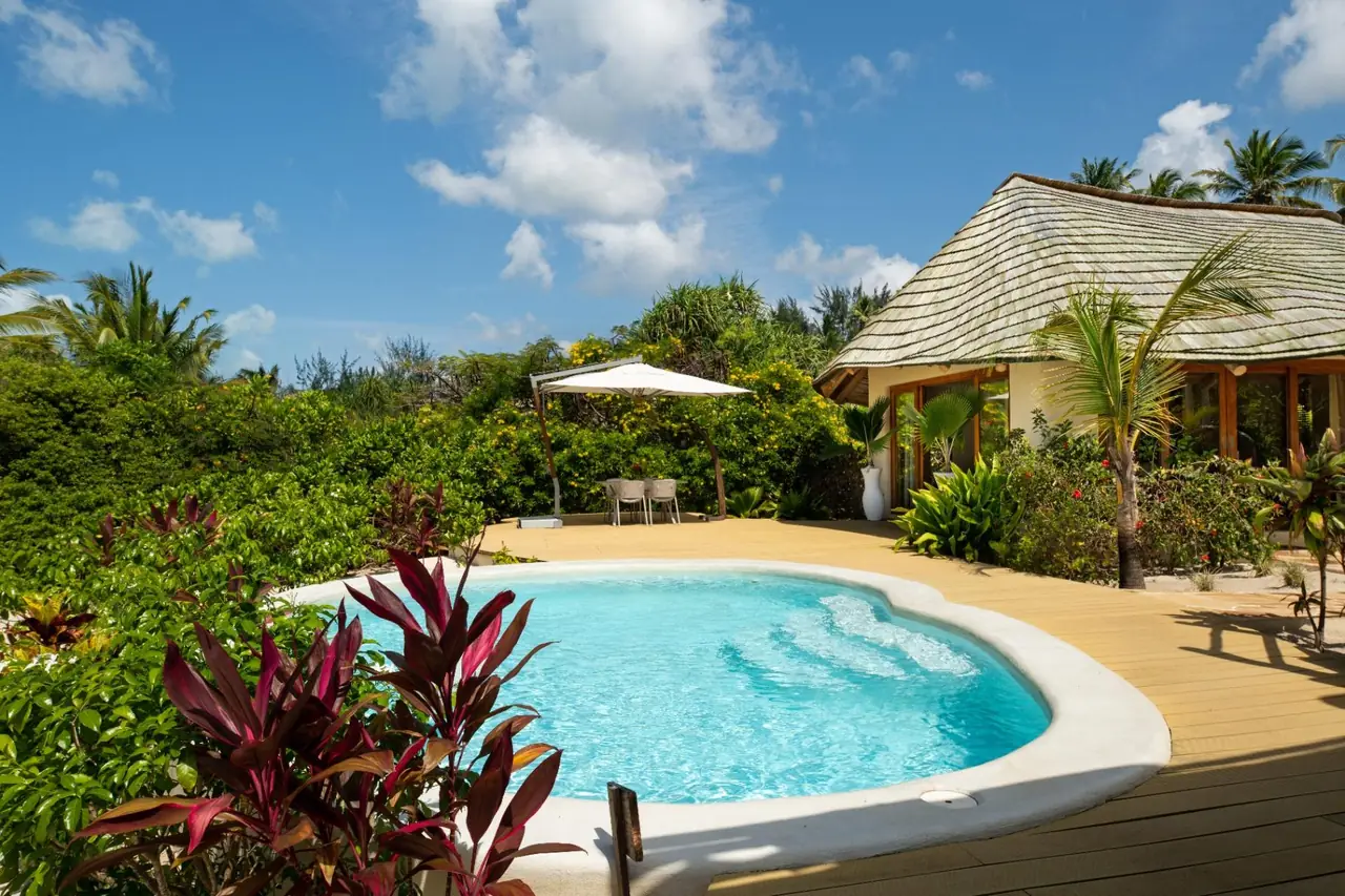 A curved private pool beside a thatched villa in a tropical garden