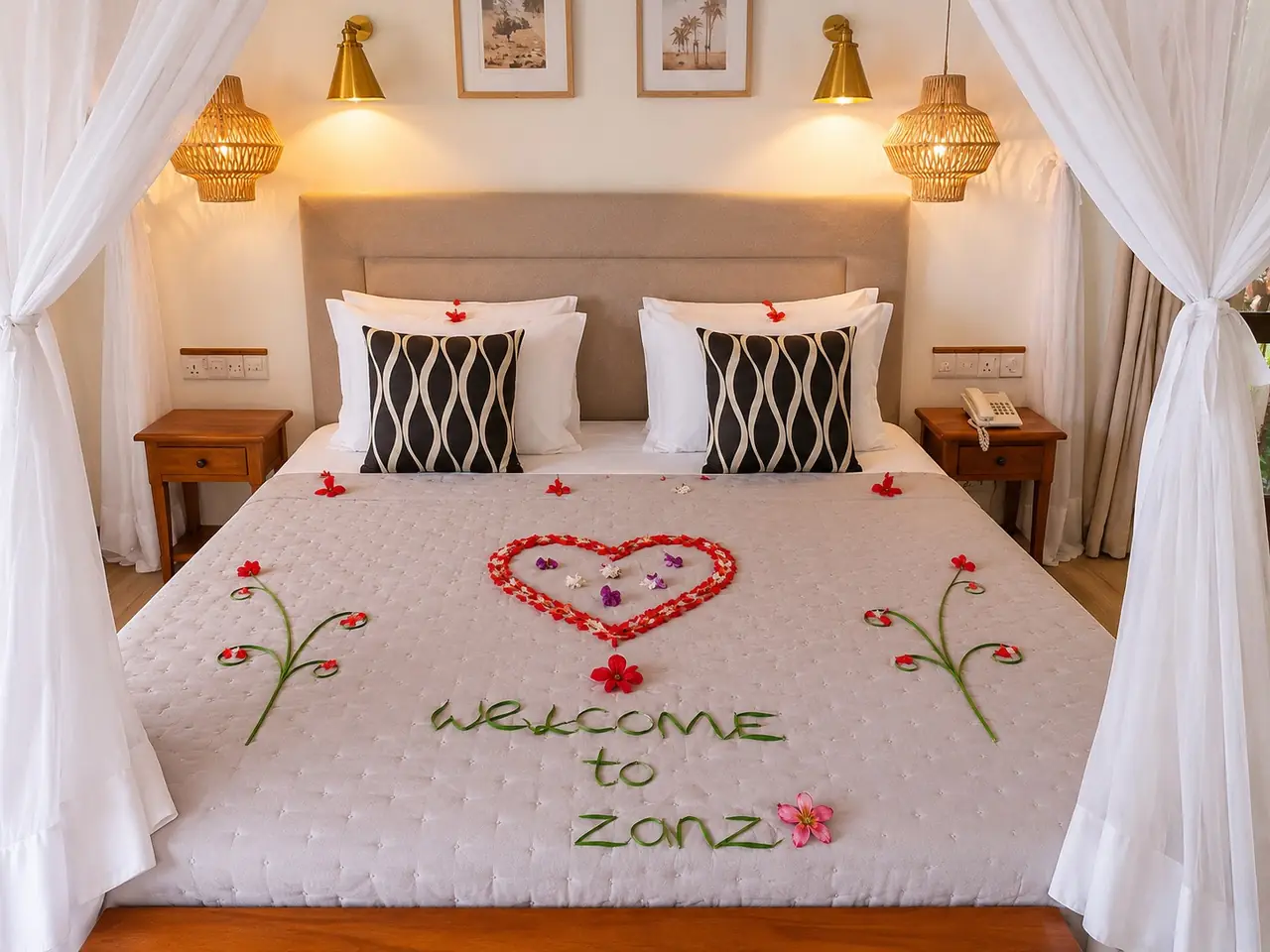 A bed decorated with flower petals spelling a welcome