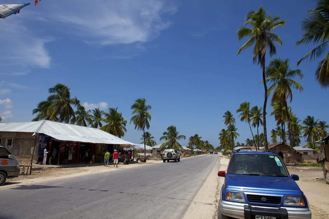 A blue Suzuki SUV parked beside the tarmac main road through Paje, with roadside shops and palms