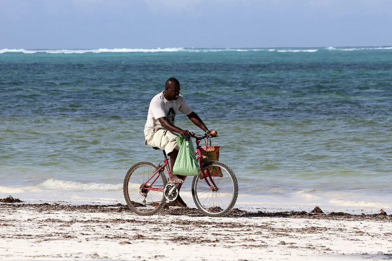 A man cycling along the waterline of a white-sand beach with shopping bags on the handlebars