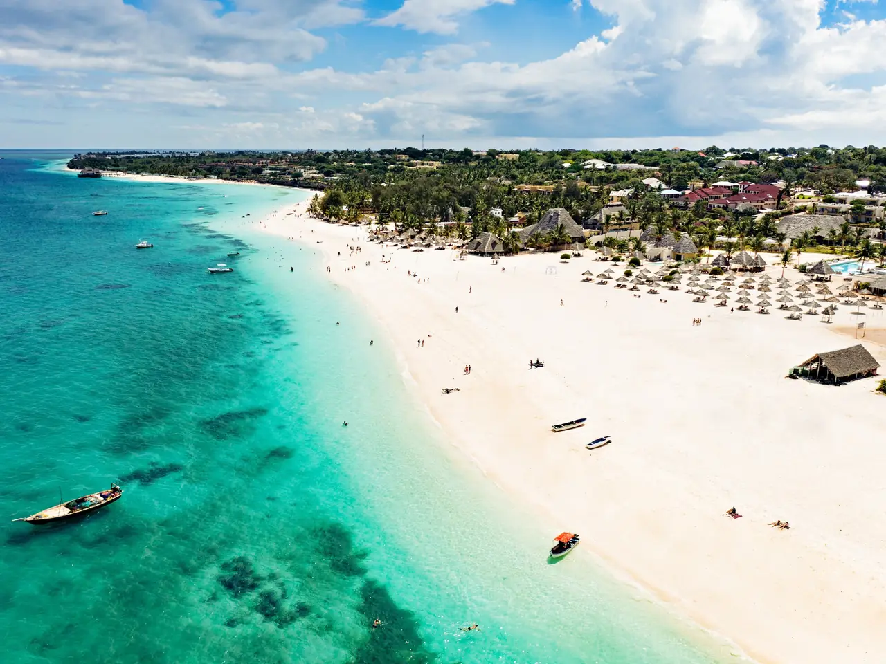 Aerial view of Kendwa's long white beach and turquoise water