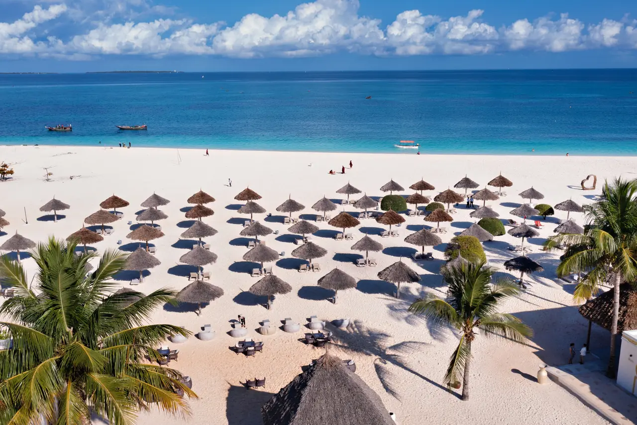 Rows of thatched umbrellas on white sand facing the sea