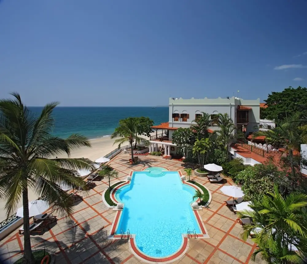 A star-shaped pool among palms beside the sea, seen from above