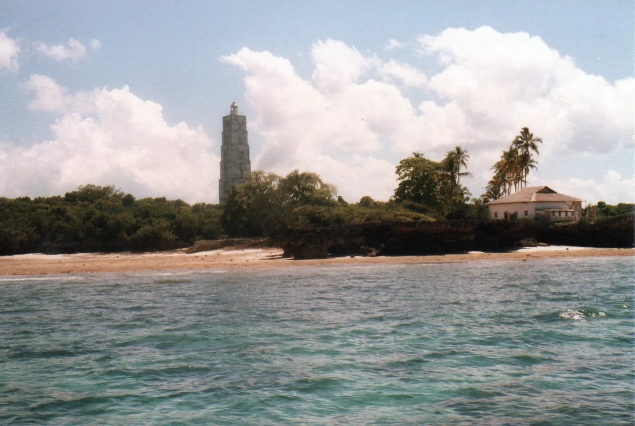 Chumbe Island seen from the sea: a white lighthouse rising above trees and a beach