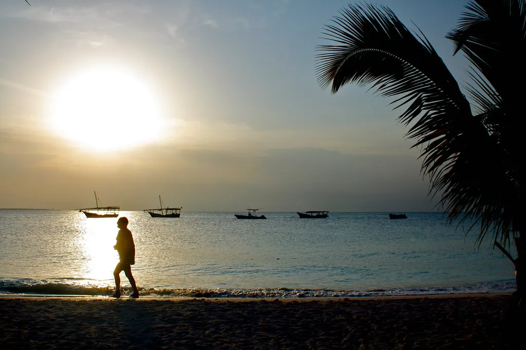 Person silhouetted walking along the shoreline at sunset with dhows moored offshore and a palm frond overhead