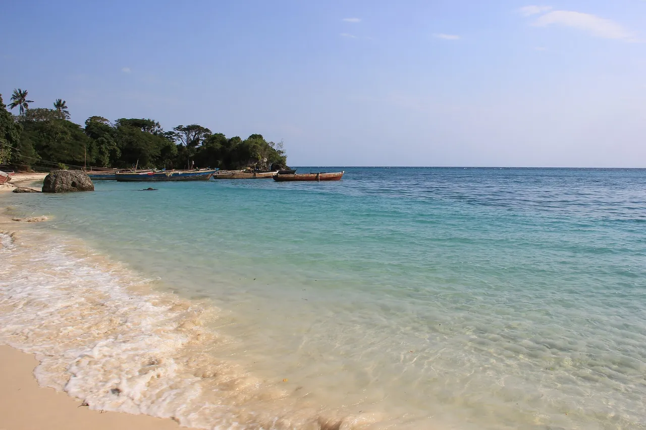 A curving sandy beach with clear turquoise water and wooded low cliffs at Mangapwani