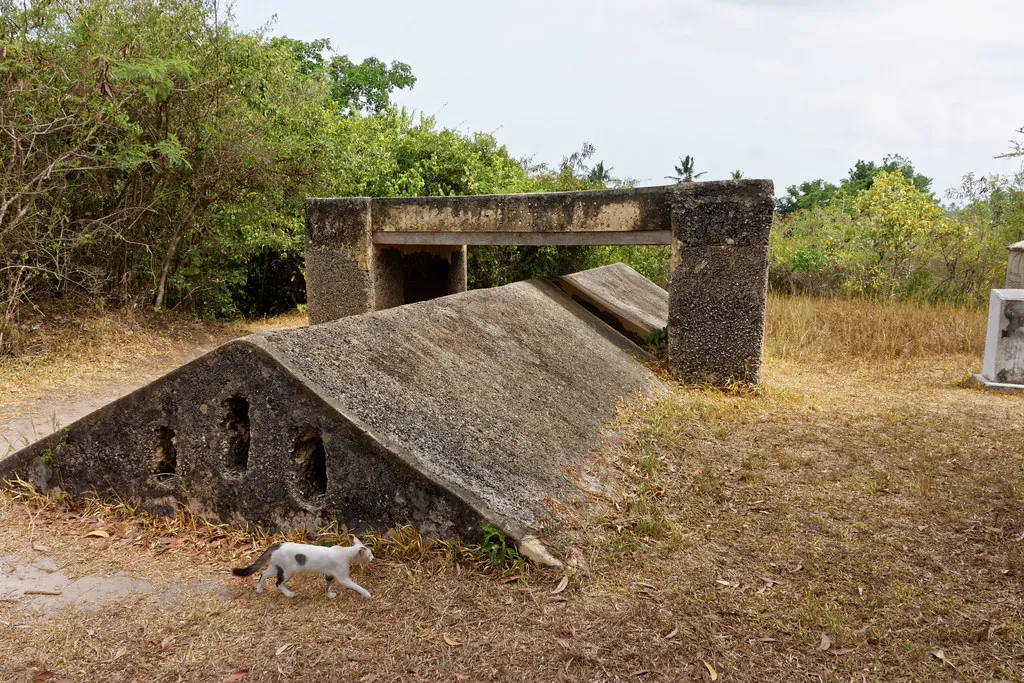 A low, sloping concrete roof over a sunken chamber cut into the ground, with a stone-framed entrance, in dry grass