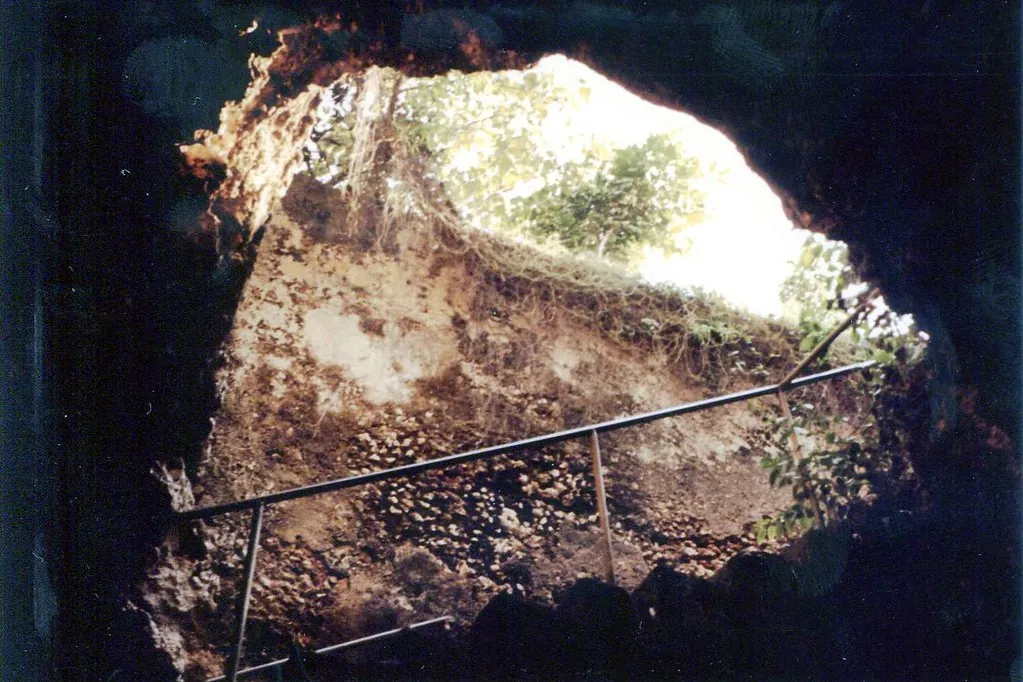View from inside a dark natural cave up towards a sunlit opening in the rock, with a metal handrail
