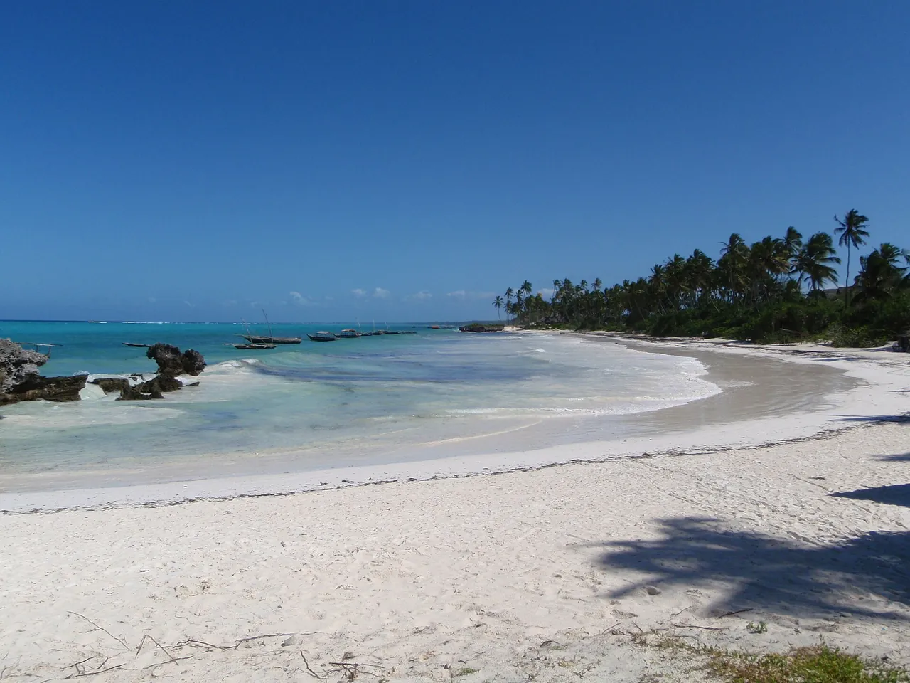 Curving white beach with rocks, shallow turquoise water and palms in the distance