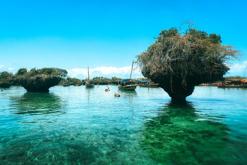 Mushroom-shaped coral-rock islets topped with scrub in a clear turquoise lagoon, with dhows moored and swimmers behind.