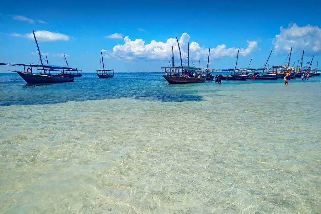 A row of wooden dhows anchored in very clear, shallow water under a blue sky.
