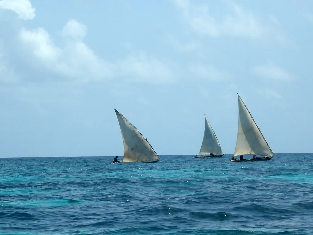 Three dhows with white lateen sails on blue-green sea
