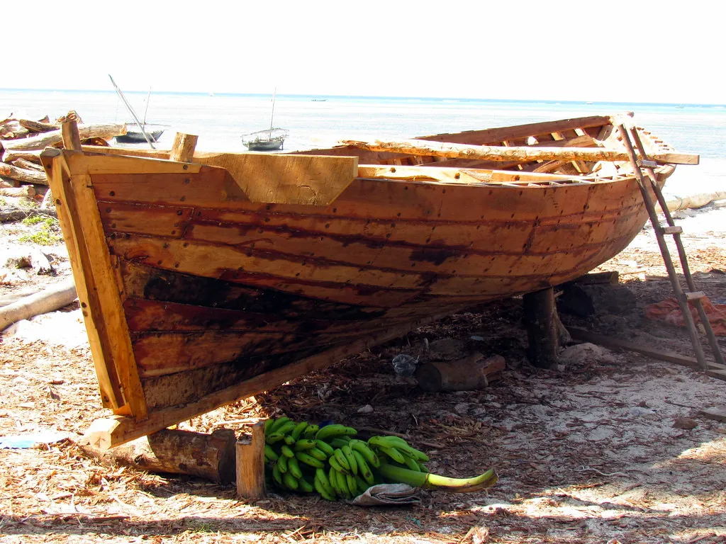 Unfinished wooden dhow hull propped up on blocks on sand, with bananas on the ground beside it