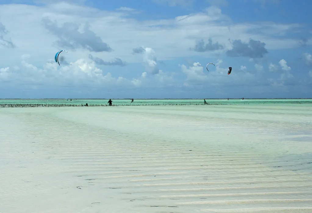 Very shallow, pale turquoise water over rippled sand with kites in the distance and rows of seaweed-farm stakes.