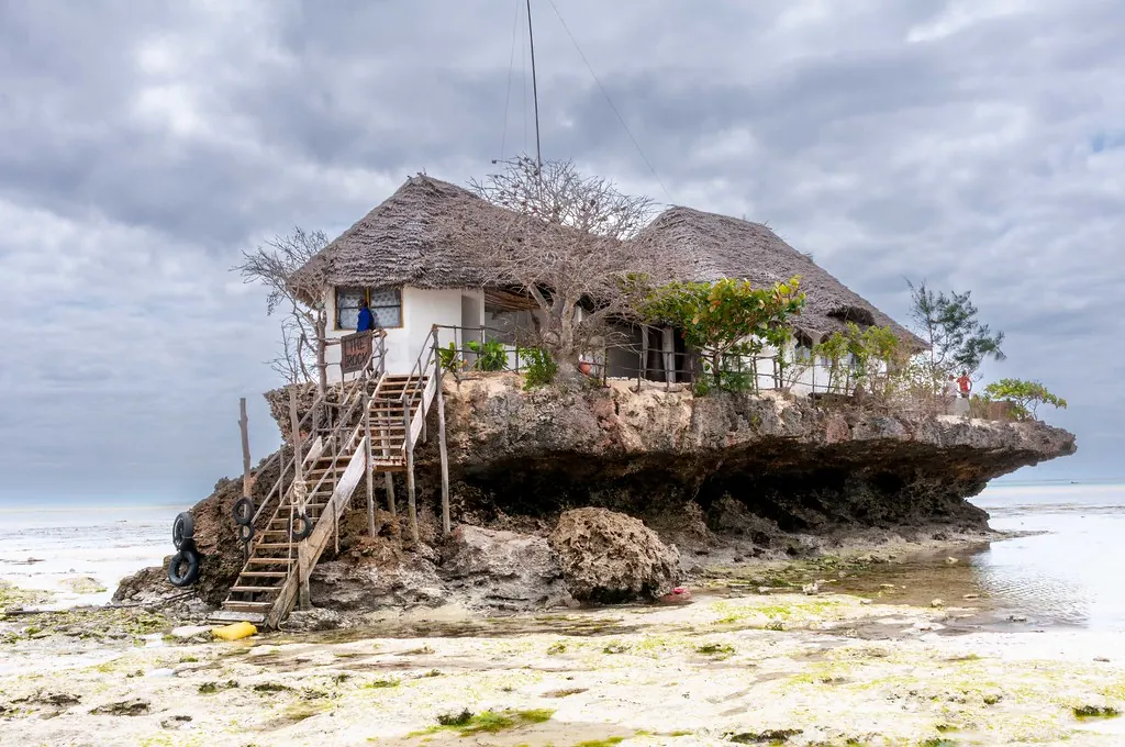 Close view of the restaurant's wooden staircase climbing the side of the coral rock, sand and seaweed around its base.