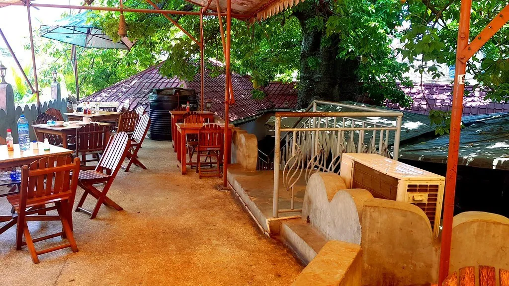 An open-air terrace with wooden tables and chairs under a tree canopy