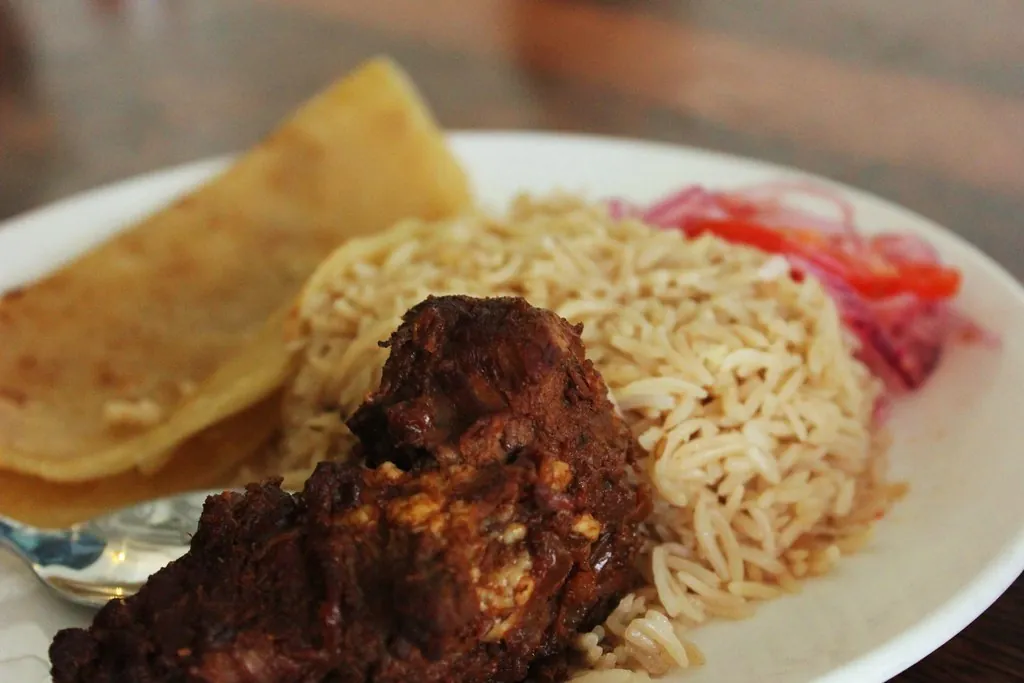 A plate of pilau rice with a piece of meat in dark sauce and a folded chapati