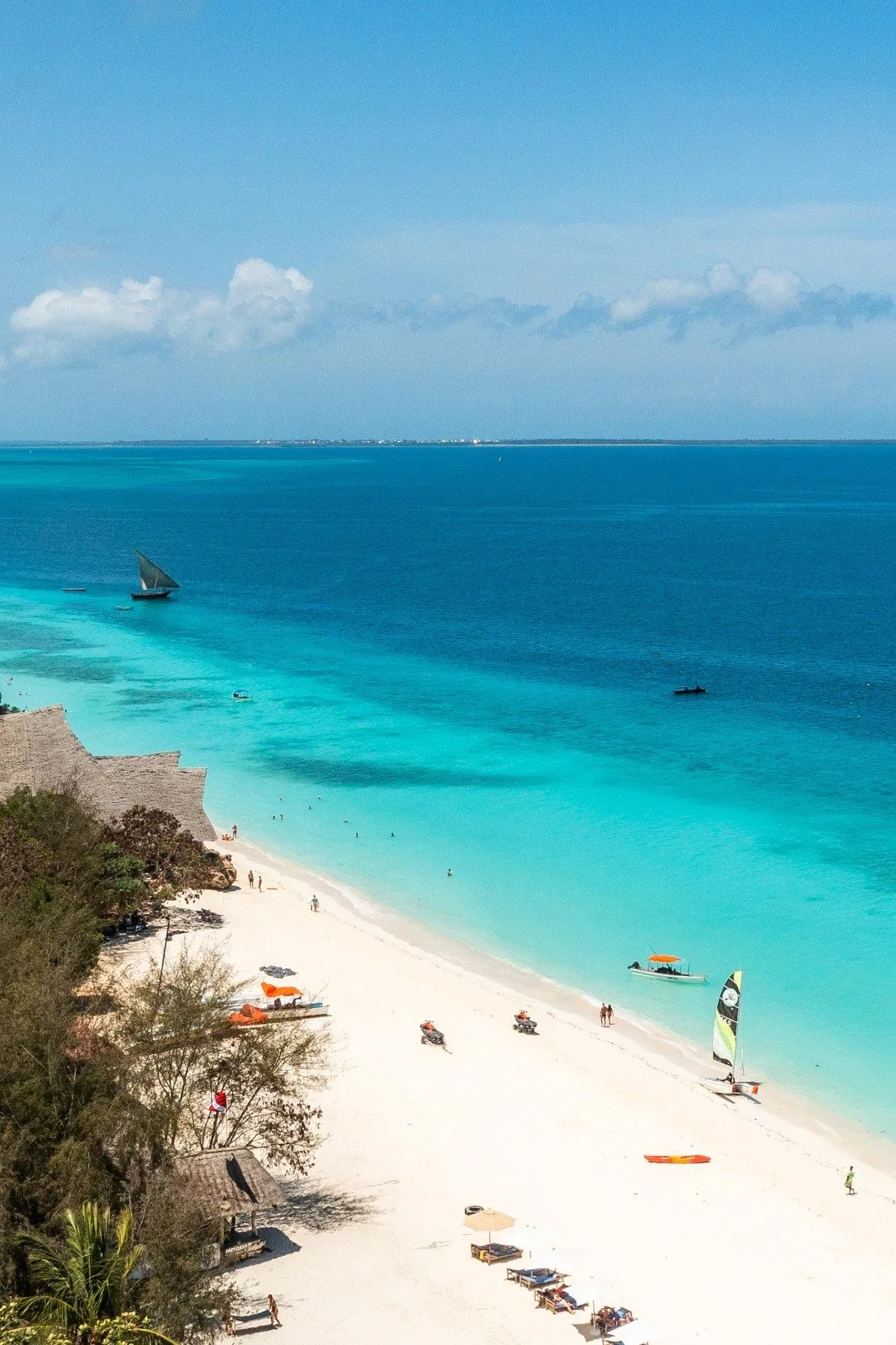 Turquoise water and white sand on Nungwi beach seen from above, with a dhow offshore