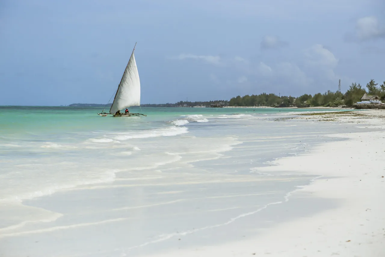 A white sand beach and turquoise lagoon with a dhow under sail and a line of palms along the shore.
